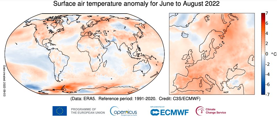 Anomalie de la température de l'air en surface pour juin à août 2022