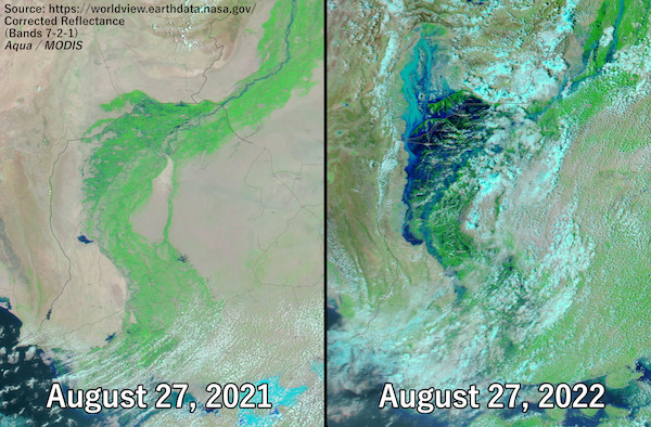 Inondations au Pakistan de 2022 - 27 août 2021 vs 27 août 2022 dans le Sind
