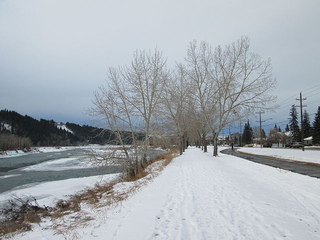 Route hivernale à proximité d'un cours d'eau