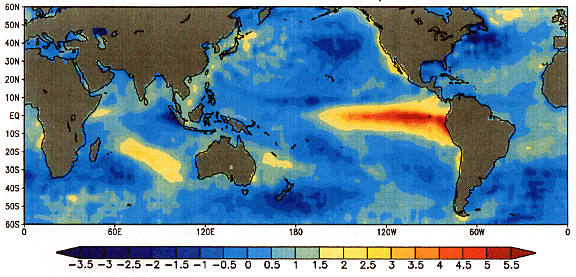Graphique des températures anormales de surface de l'océan [°C] observées en décembre 1997 lors du dernier fort El Niño.