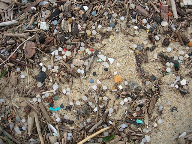 Granulés plastiques industriels sur une plage de la côte Aquitaine