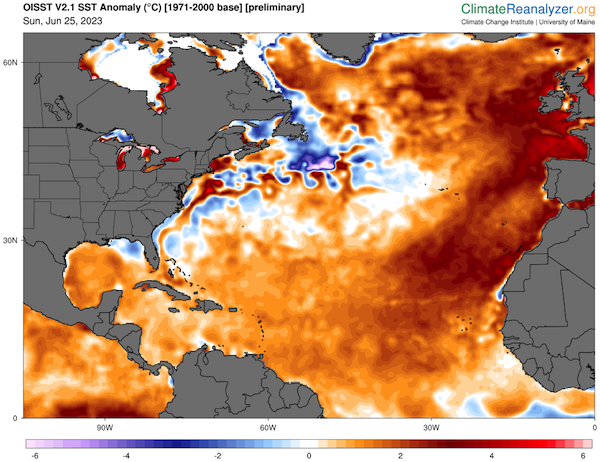 Température de surface de la mer (SST) de la NOAA Optimum Interpolation SST (OISST) version 2.1, 25-06-2023