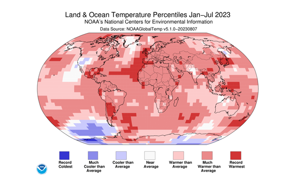 Centile de température terrestre et océanique janvier-juillet 2023