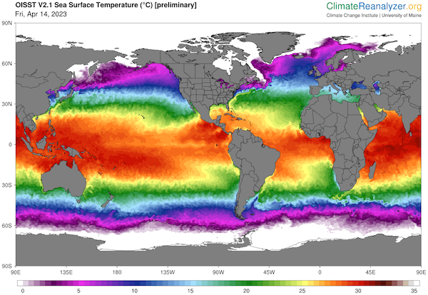 Carte du monde montrant les températures de surface de la mer au 14 avril 2023