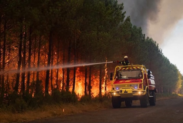 Sapeurs pompiers combattant un feu de forêt en France, juillet 2026'
