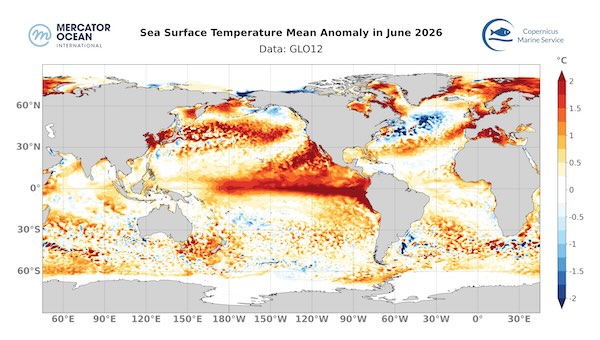 Anomalie moyenne de la température de surface de la mer en juin 2026